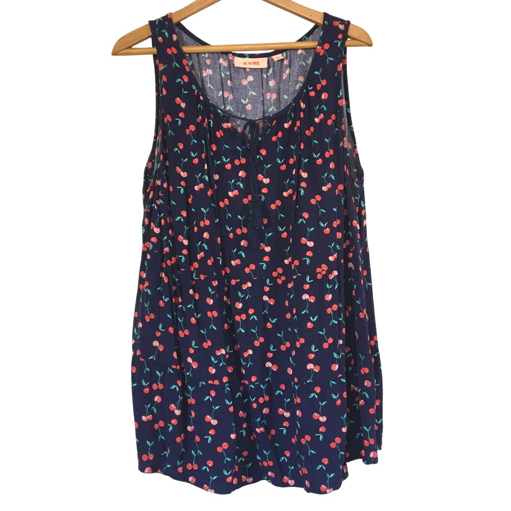 EVRI Navy Blue Cherry Print Sleeveless Tunic Dress 1X Plus Size Rayon‎